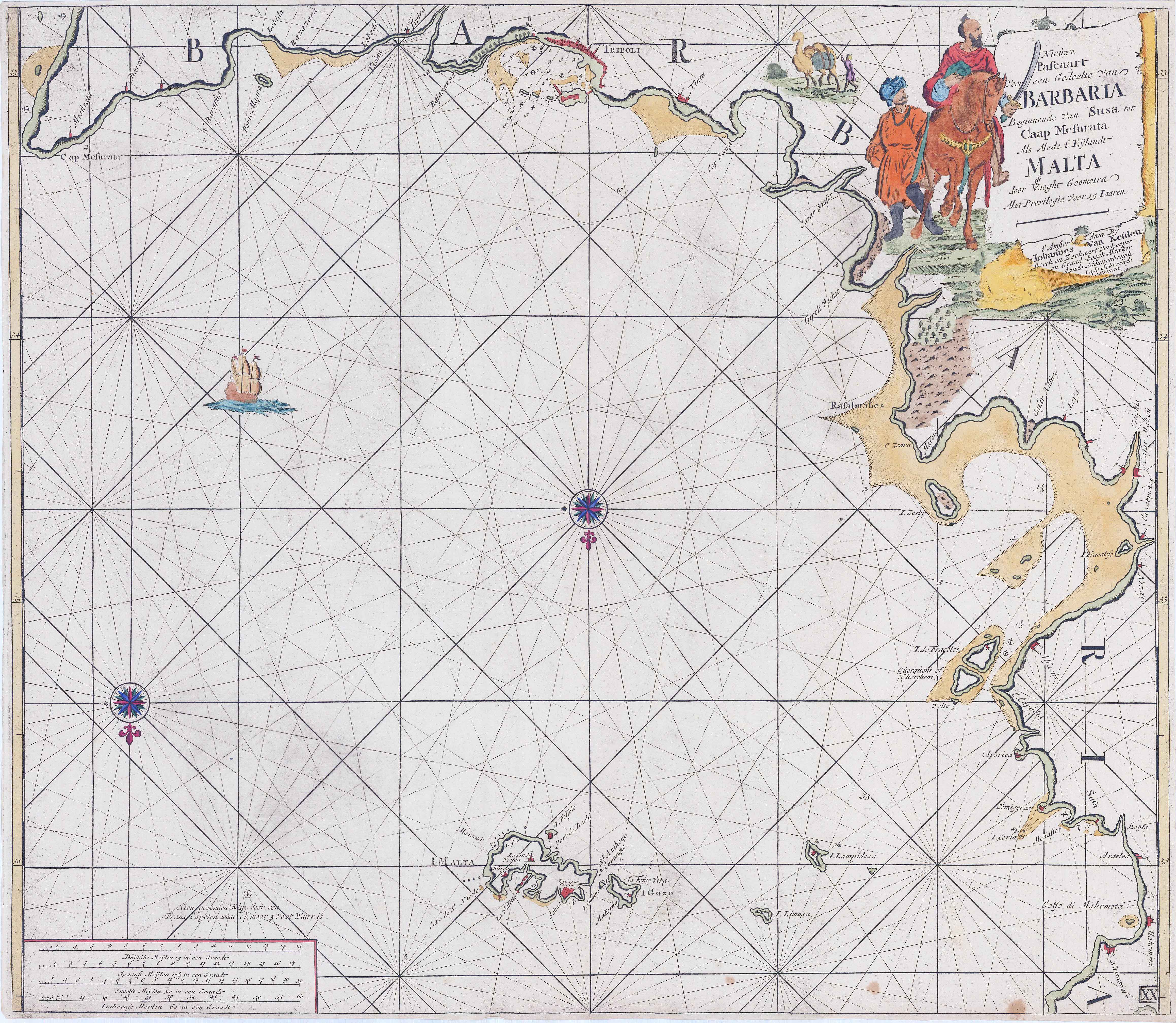 c1730 NIEUWE PASCAART BARBARIA MALTA Van Keulen Sea Chart Map Africa (LM20-81)