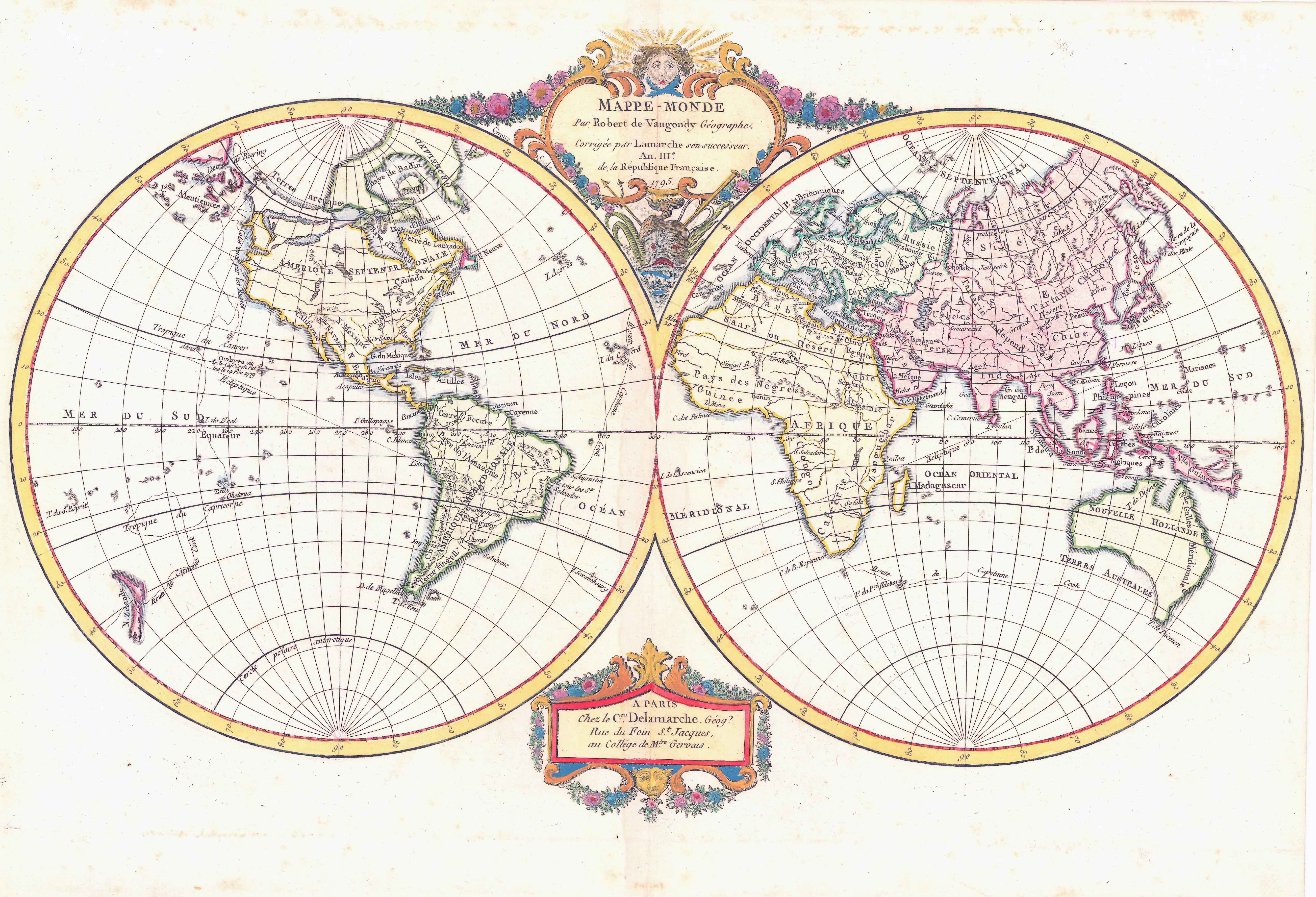 1795 MAPPE MONDE PAR ROBERT DE VAUGONDY Double Hemisphere World Map (LM-1)