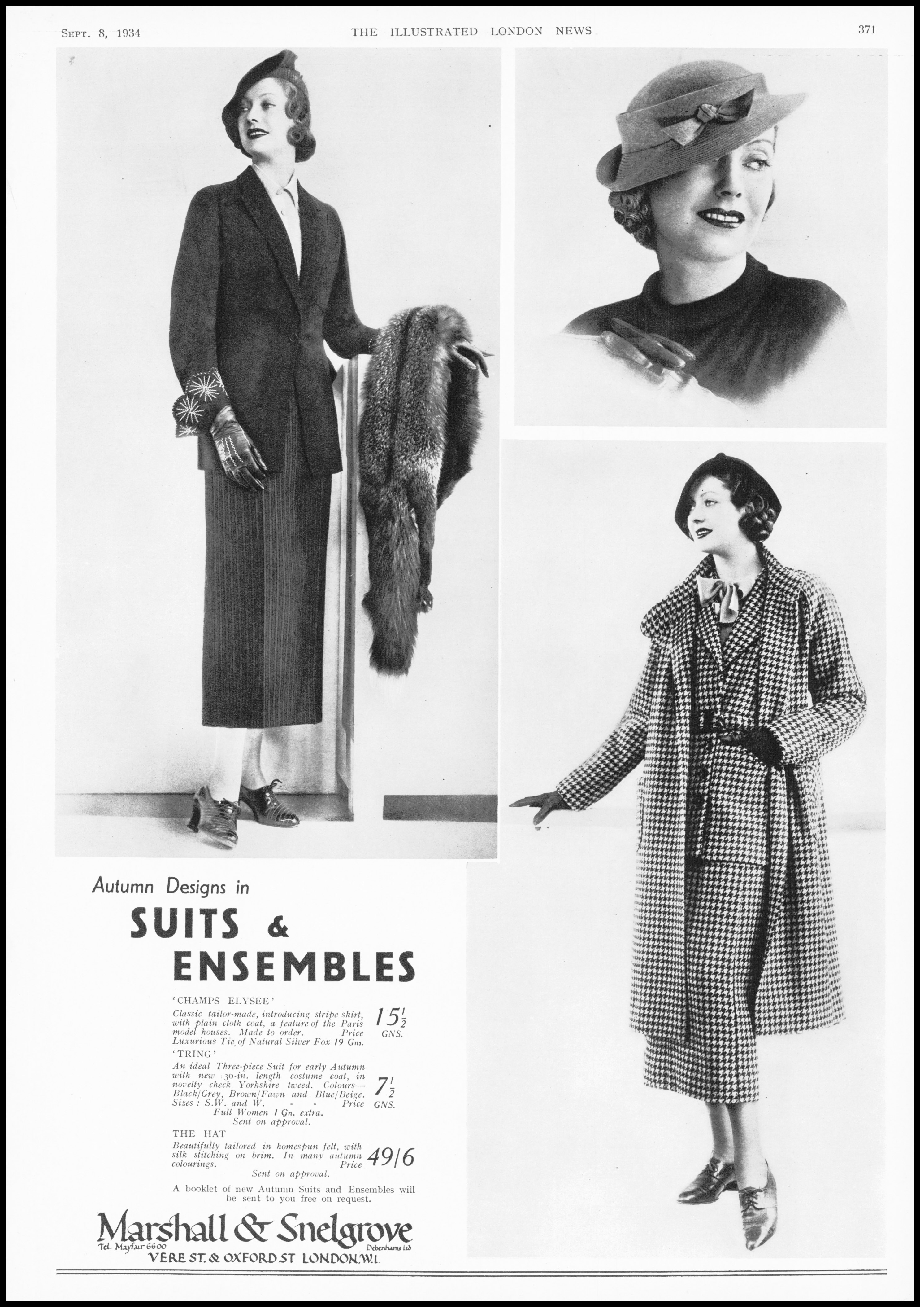 1934 Vintage Advertising MARSHALL & SNELGROVE Suits and Ensembles (AD14-65)